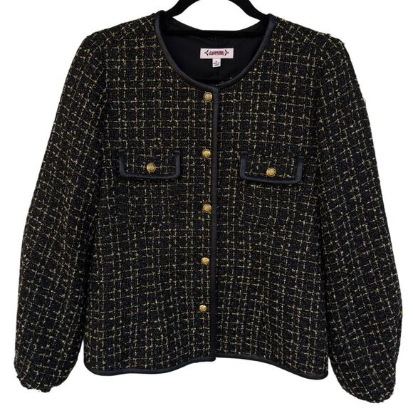 Nanette Lepore Black Gold Tweed Jacket Faux Leather Trim Buttons Sz 8 Career - Picture 2 of 11